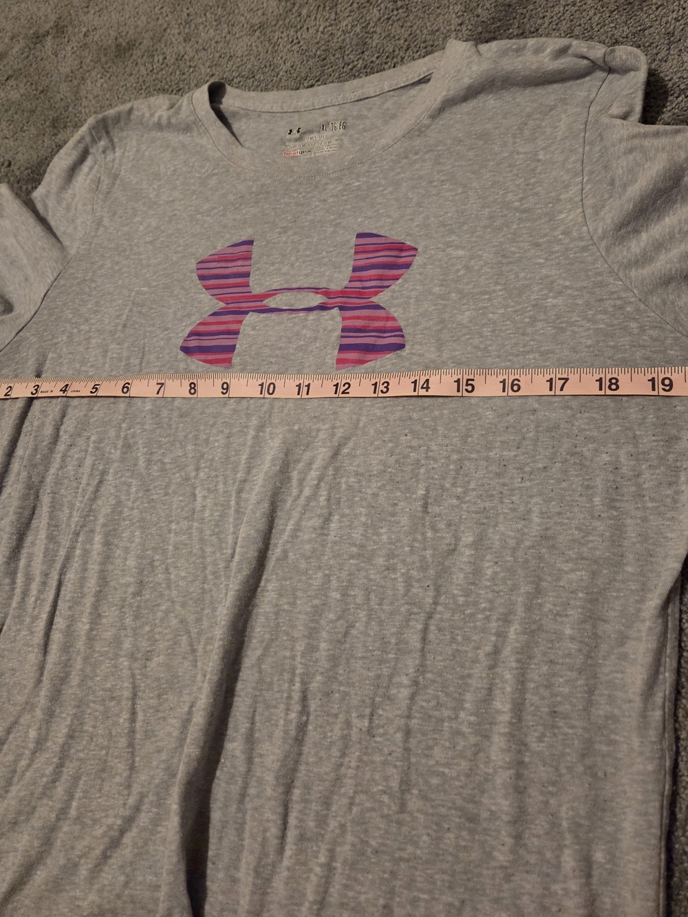 Under Armour Light Gray Tee with Pink & Purple Striped Logo - Picture 4 of 5